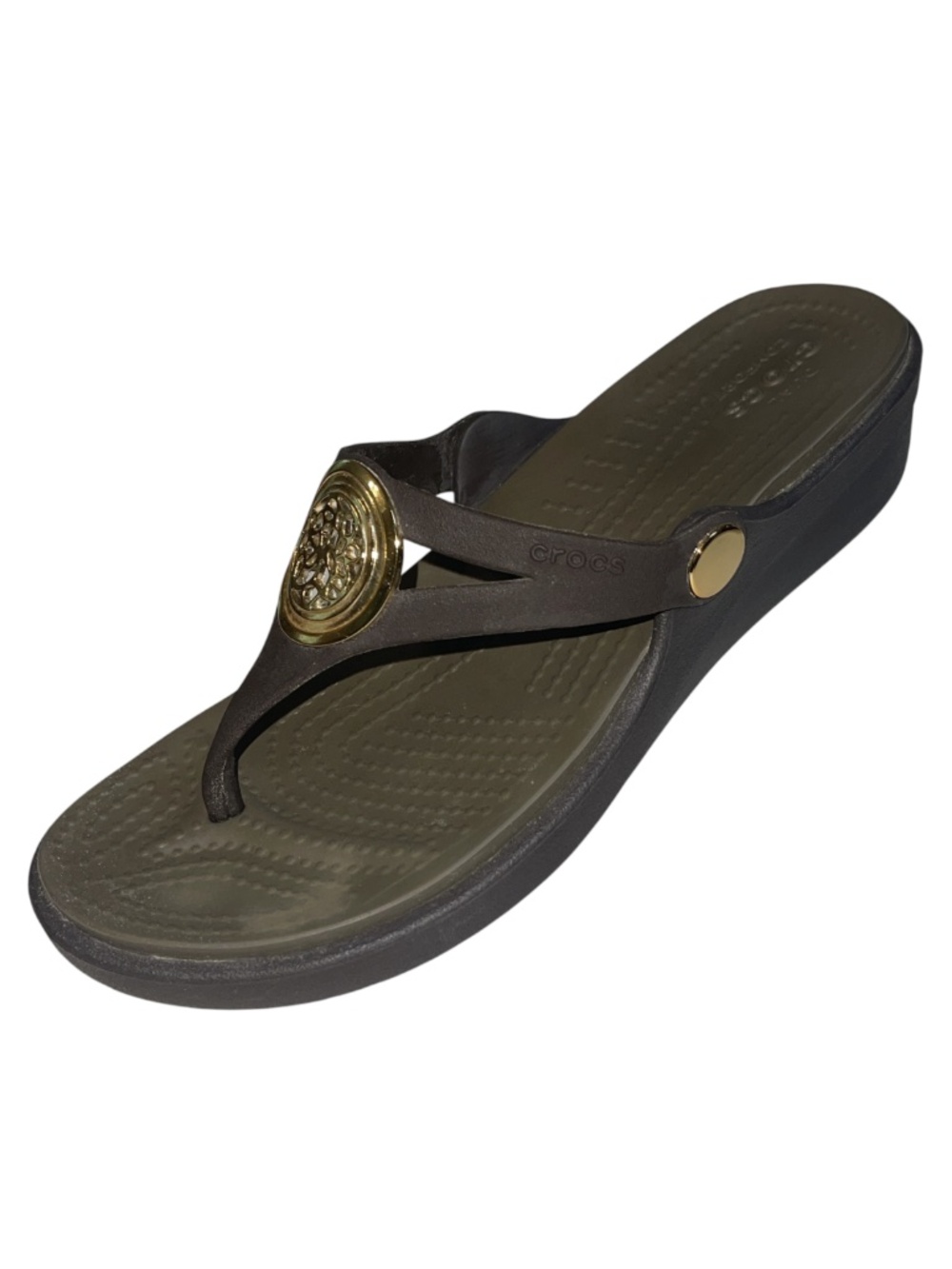 CROCS Sanrah Women Sz 5 Brown Gold Hammered Circle Rings Wedge Sandals Shoes